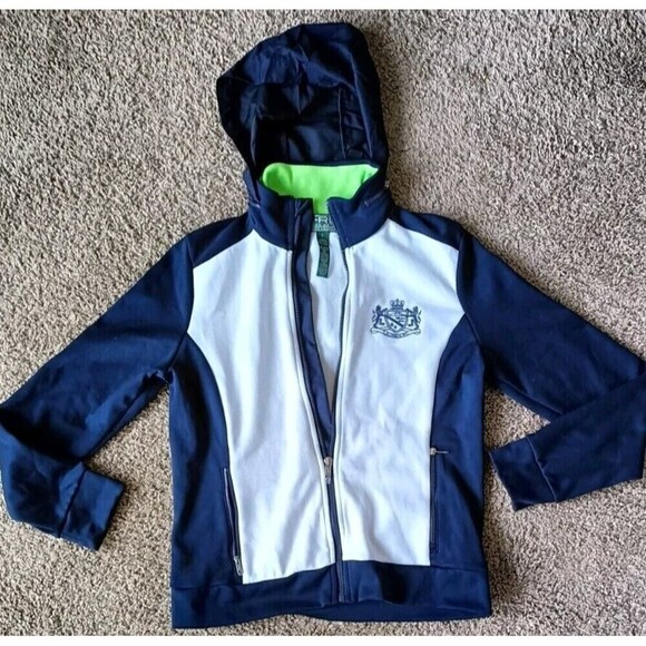 L-RL Lauren Active Track Jacket Size Small Full Zip White Blue Zip Away Hoodie - Picture 1 of 10